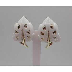 Sarah Coventry White Velvet Leaf Gold Tone Clip-On Earrings 1970's Signed